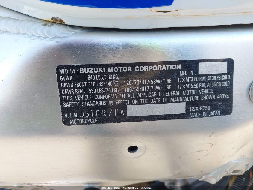 2001 Suzuki Gsx-R750 VIN: JS1GR7HA212103186 Lot: 43519068
