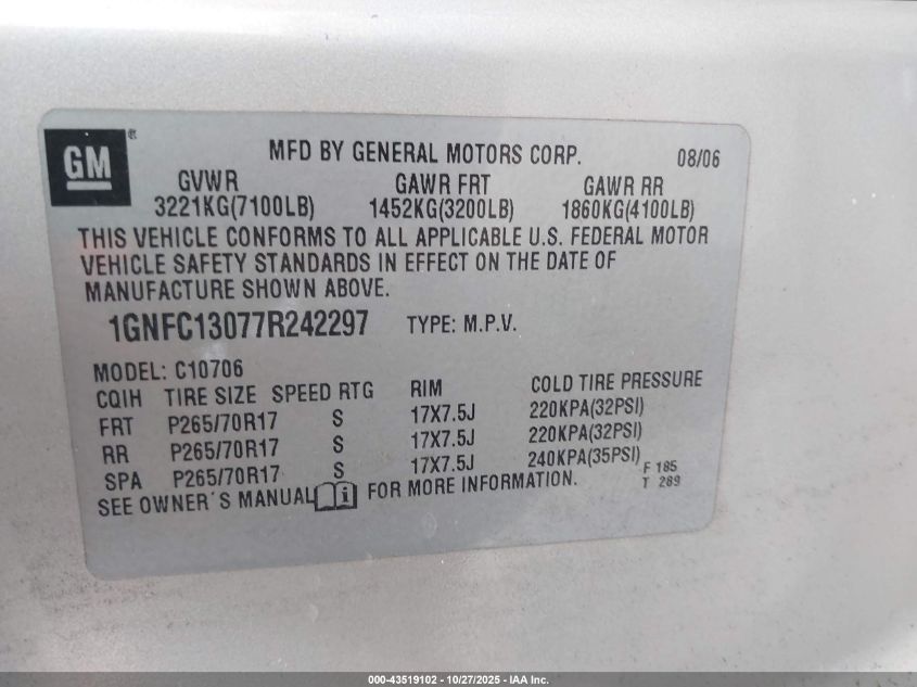 2007 Chevrolet Tahoe Ls VIN: 1GNFC13077R242297 Lot: 43519102