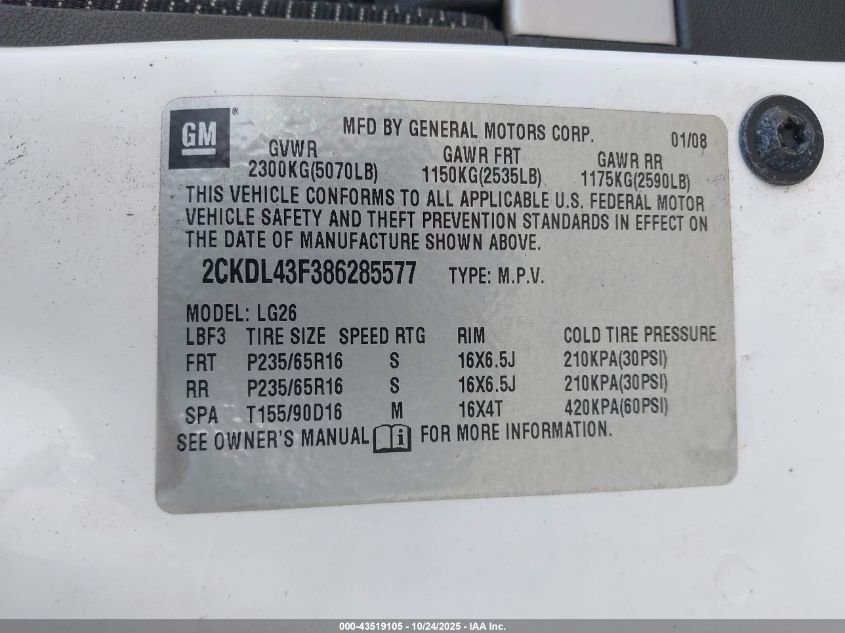 2008 Pontiac Torrent VIN: 2CKDL43F386285577 Lot: 43519105