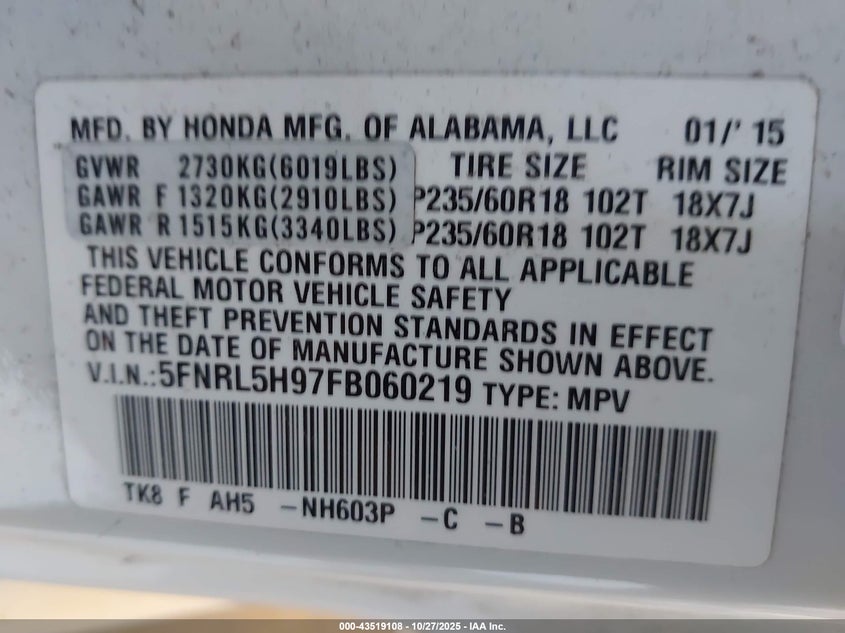 5FNRL5H97FB060219 2015 HONDA ODYSSEY photo no. 9
