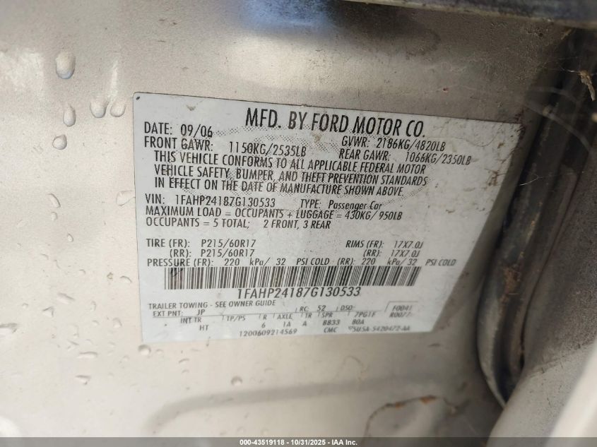 2007 Ford Five Hundred Sel VIN: 1FAHP24187G130533 Lot: 43519118