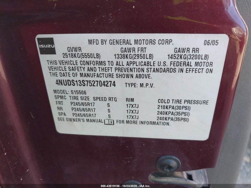 2005 Isuzu Ascender S VIN: 4NUDS13S752704274 Lot: 43519156