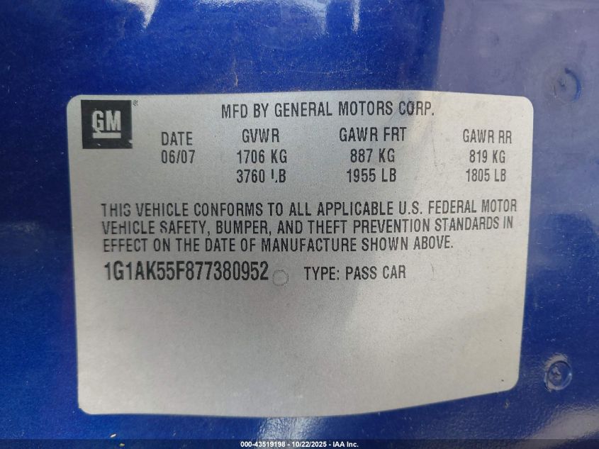 2007 Chevrolet Cobalt Ls VIN: 1G1AK55F877380952 Lot: 43519198