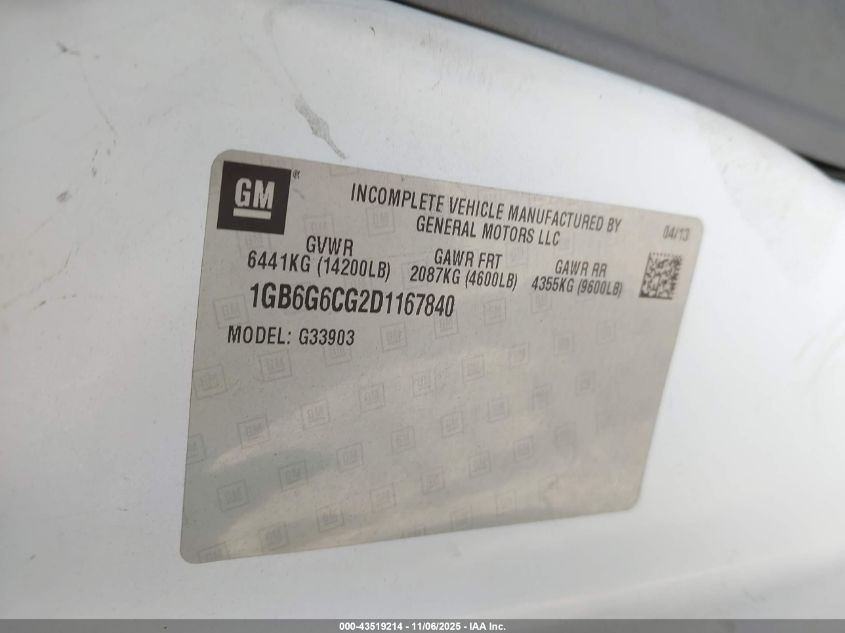 2013 Chevrolet Express Cutaway 4500 VIN: 1GB6G6CG2D1167840 Lot: 43519214