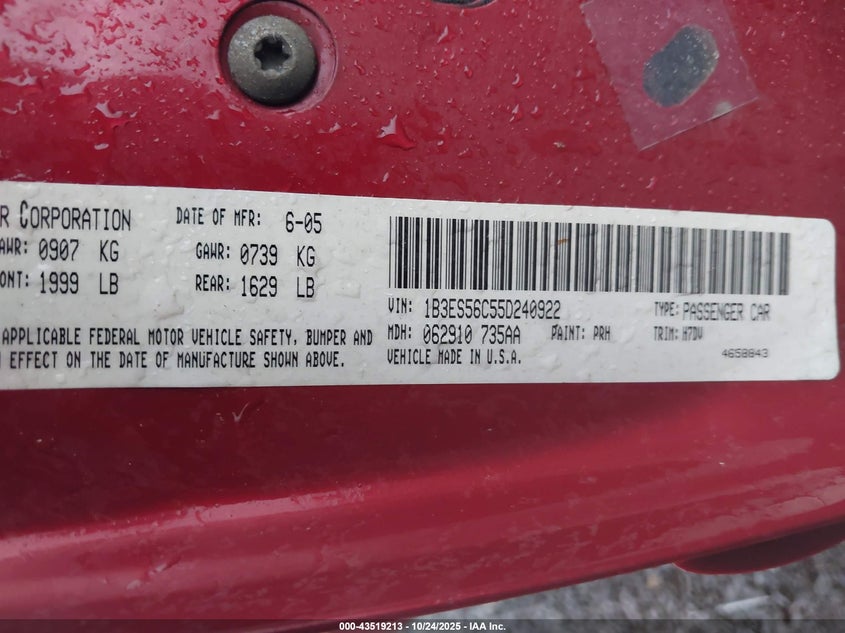 1B3ES56C55D240922 2005 DODGE NEON photo no. 9