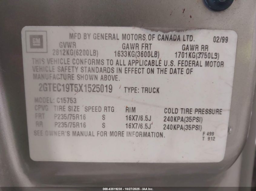 1999 GMC Sierra 1500 Sle VIN: 2GTEC19T5X1525019 Lot: 43519238