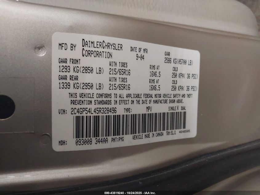 2005 Chrysler Town & Country Touring VIN: 2C4GP54L45R328496 Lot: 43519240