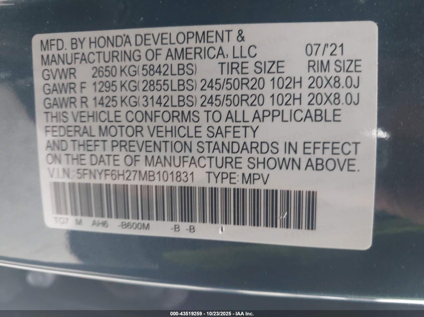 2021 HONDA PILOT AWD SPECIAL EDITION 5FNYF6H27MB101831