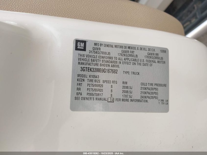 2009 GMC Sierra 1500 Slt VIN: 3GTEK33M69G167682 Lot: 43519262