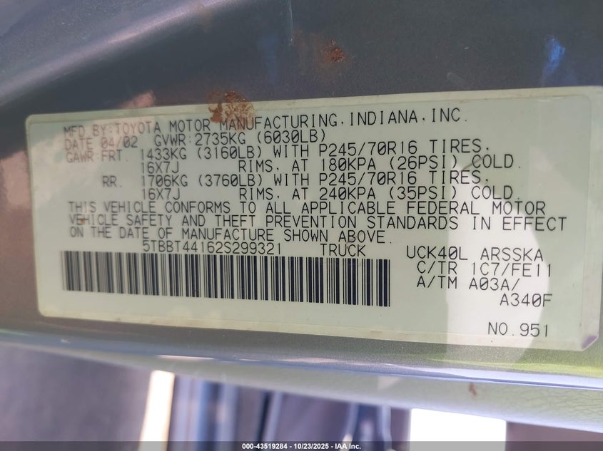 5TBBT44162S299321 2002 TOYOTA TUNDRA photo no. 9