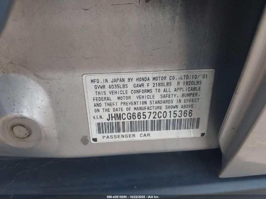 2002 Honda Accord 2.3 Lx VIN: JHMCG66572C015366 Lot: 43519290
