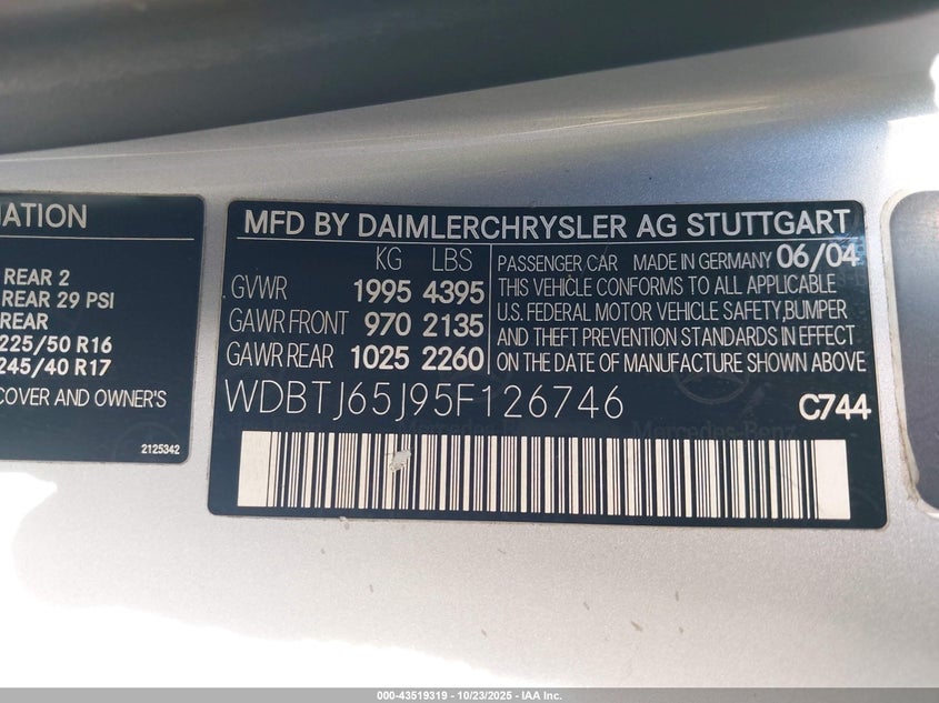 2005 Mercedes-Benz Clk 320 VIN: WDBTJ65J95F126746 Lot: 43519319