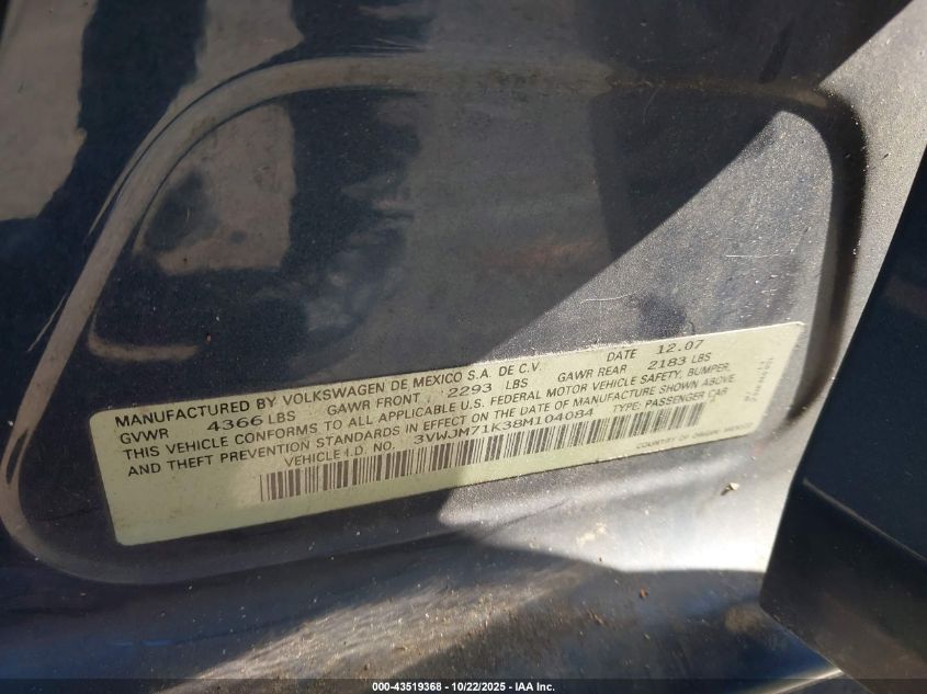 2008 Volkswagen Jetta S VIN: 3VWJM71K38M104084 Lot: 43519368