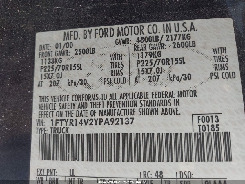 2000 Ford Ranger Xl/Xlt VIN: 1FTYR14V2YPA92137 Lot: 43519413