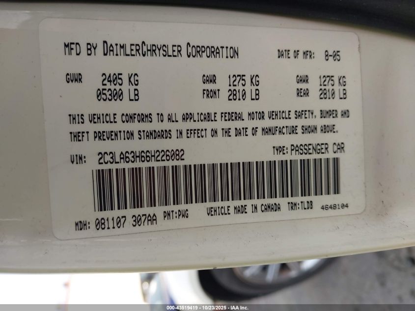 2006 Chrysler 300C VIN: 2C3LA63H66H226082 Lot: 43519419