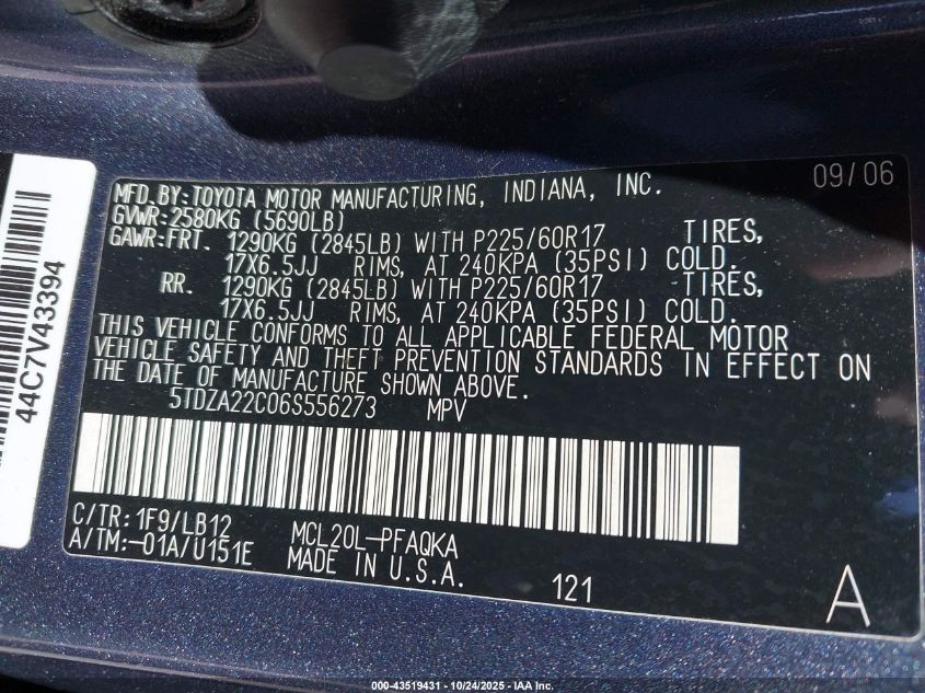 2006 Toyota Sienna Xle VIN: 5TDZA22C06S556273 Lot: 43519431