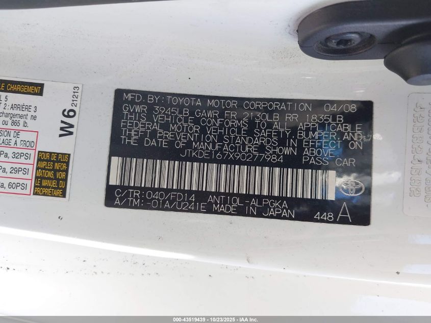 2009 Scion Tc VIN: JTKDE167X90277984 Lot: 43519439