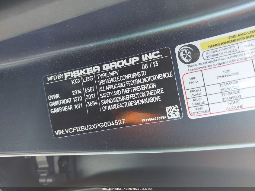 2023 Fisker Ocean One VIN: VCF1ZBU2XPG004527 Lot: 43519456