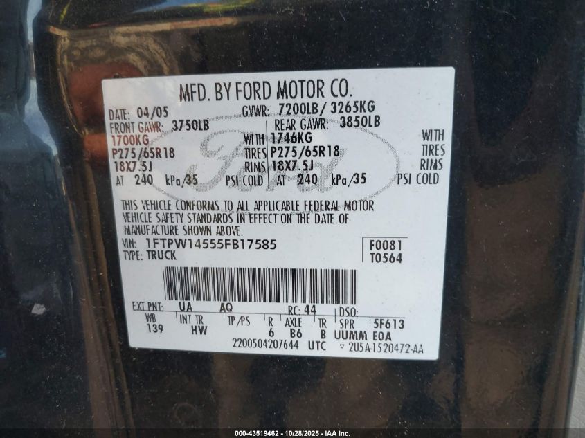 2005 Ford F-150 Fx4/Lariat/Xlt VIN: 1FTPW14555FB17585 Lot: 43519462