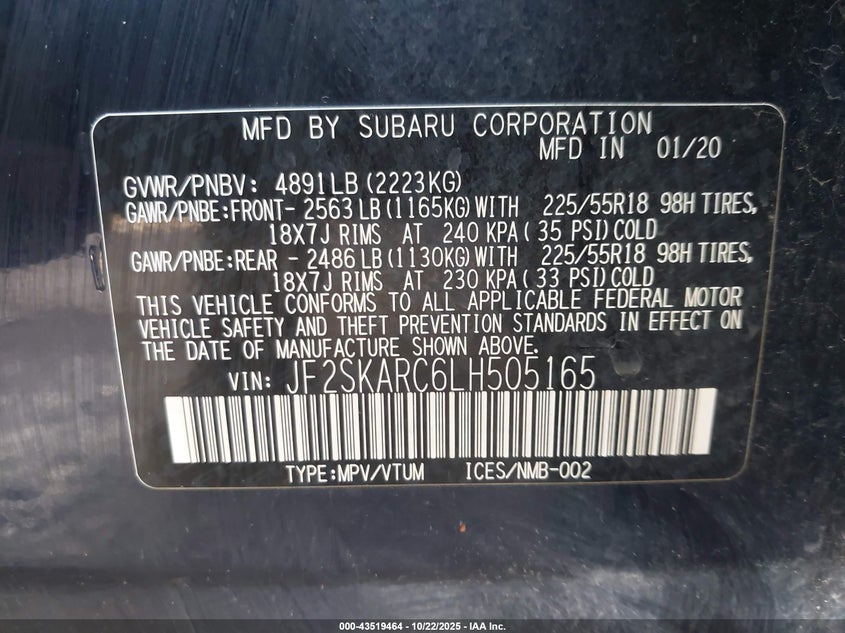 2020 SUBARU FORESTER SPORT JF2SKARC6LH505165