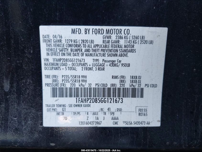 2016 Ford Taurus Se VIN: 1FAHP2D85GG121673 Lot: 43519470