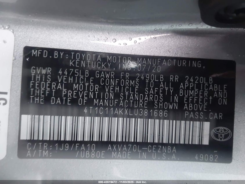 4T1C11AKXLU381686 2020 TOYOTA CAMRY photo no. 9