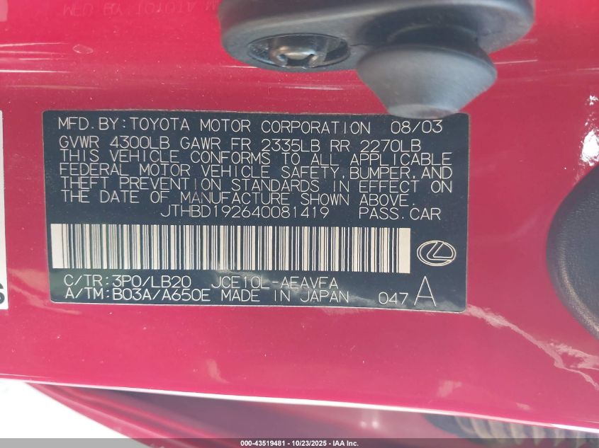 2004 Lexus Is 300 VIN: JTHBD192640081419 Lot: 43519481