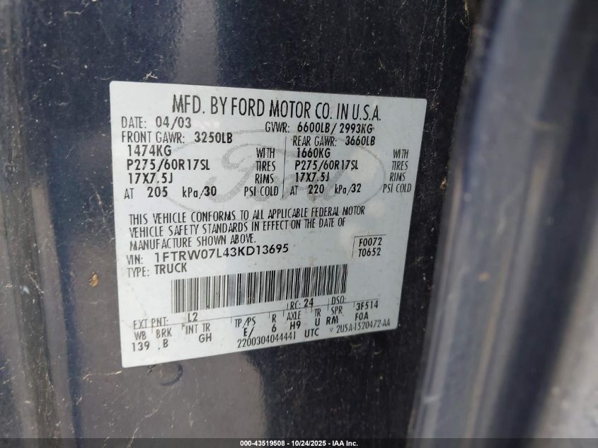 2003 Ford F150 Supercrew VIN: 1FTRW07L43KD13695 Lot: 43519508