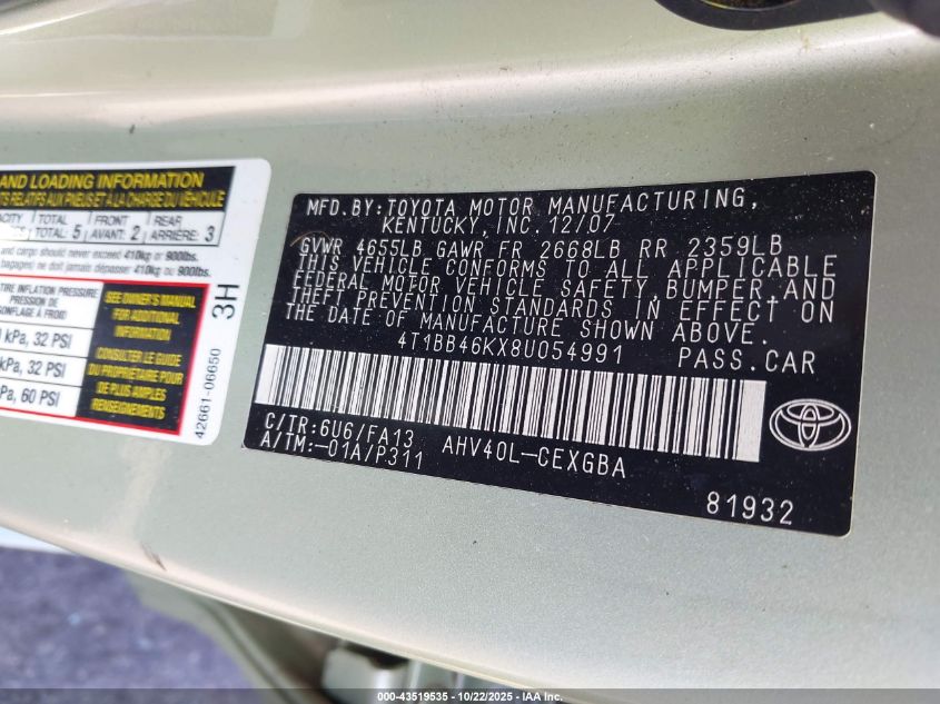 2008 Toyota Camry Hybrid VIN: 4T1BB46KX8U054991 Lot: 43519535