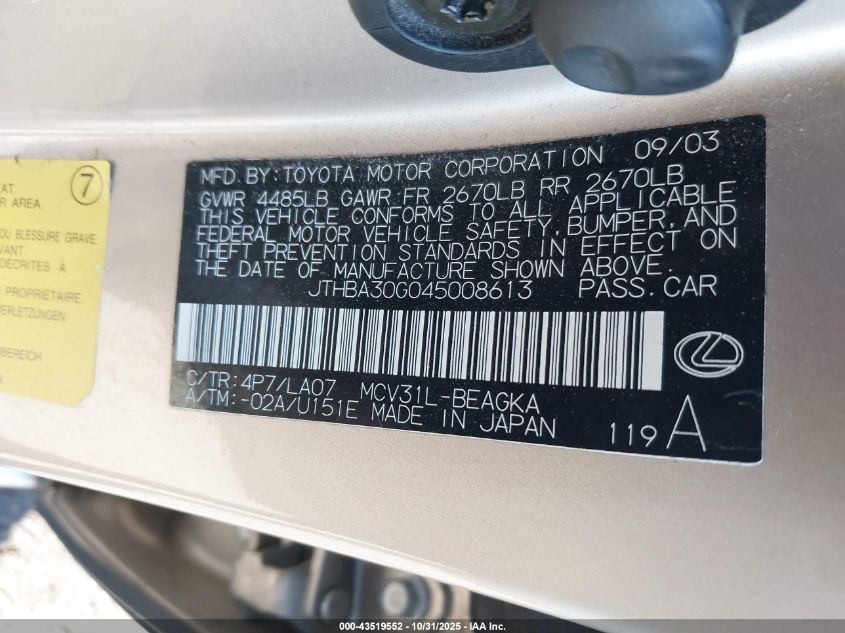 2004 Lexus Es 330 VIN: JTHBA30G045008613 Lot: 43519552