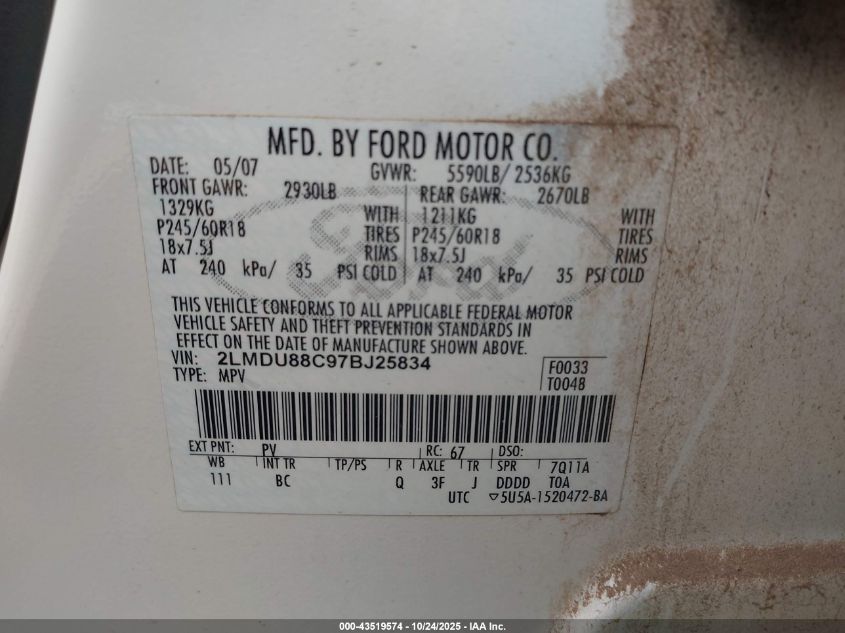 2007 Lincoln Mkx VIN: 2LMDU88C97BJ25834 Lot: 43519574