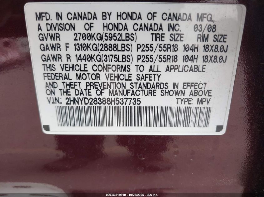 2008 Acura Mdx Technology Package VIN: 2HNYD28388H537735 Lot: 43519610