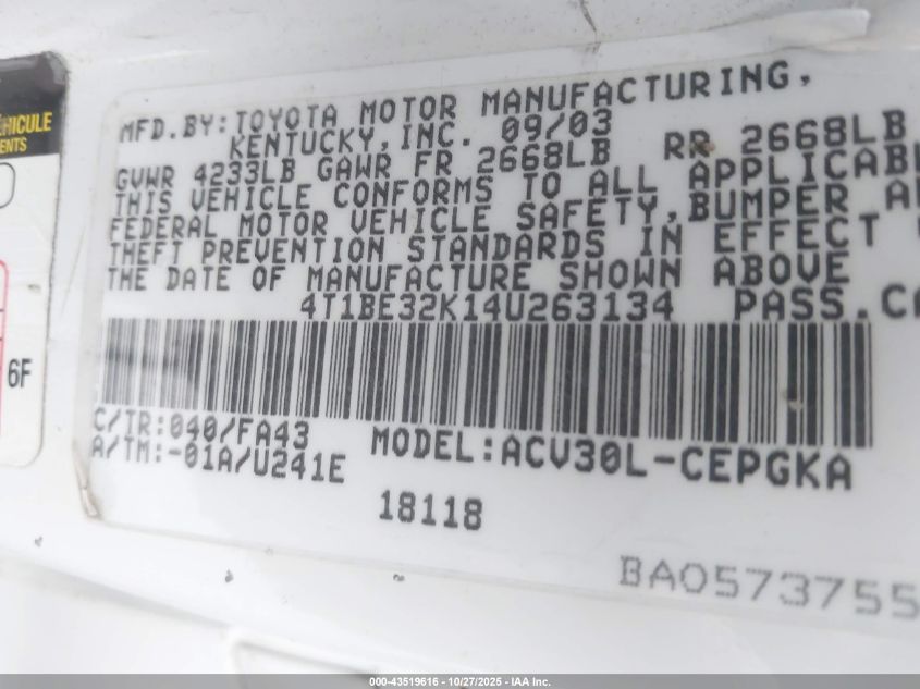 2004 Toyota Camry Xle VIN: 4T1BE32K14U263134 Lot: 43519616