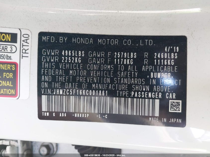 2019 Honda Clarity Plug-In Hybrid VIN: JHMZC5F16KC001861 Lot: 43519638