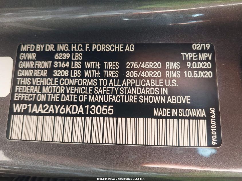 2019 Porsche Cayenne VIN: WP1AA2AY6KDA13055 Lot: 43519647