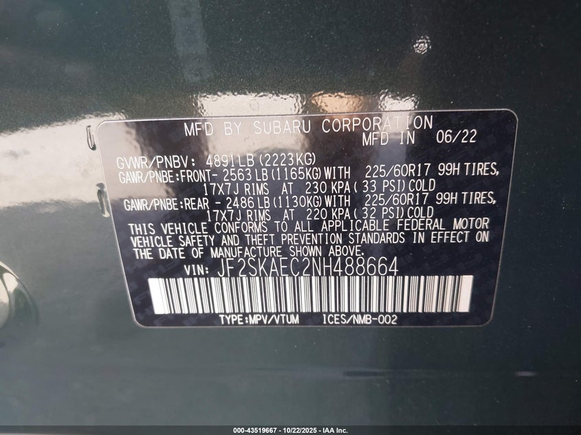 2022 SUBARU FORESTER PREMIUM JF2SKAEC2NH488664