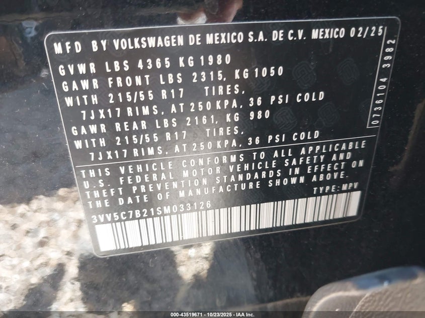 2025 VOLKSWAGEN TAOS 1.5T S 3VV5C7B21SM033126