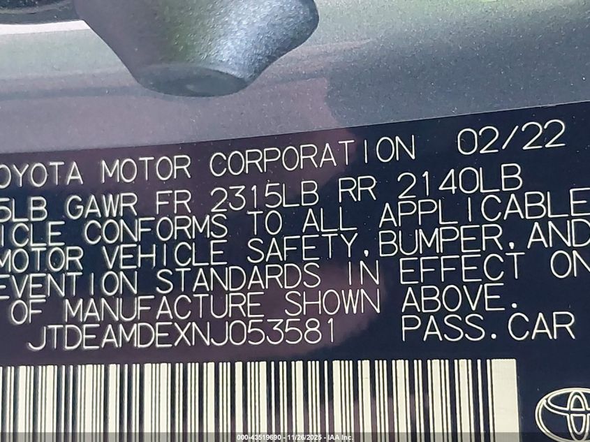 2022 Toyota Corolla Hybrid Le VIN: JTDEAMDEXNJ053581 Lot: 43519690