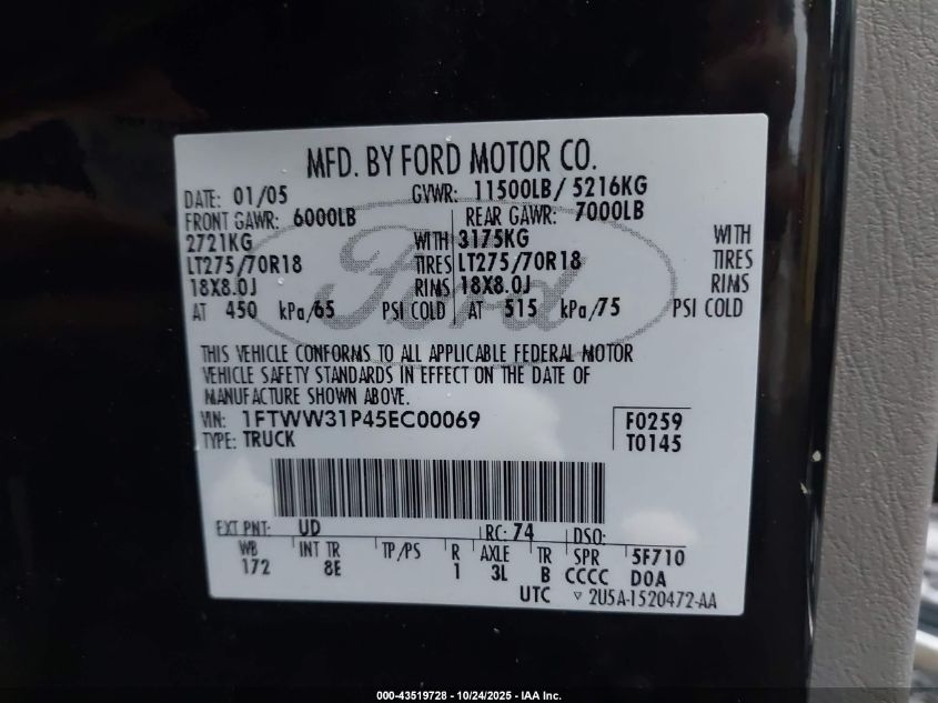 2005 Ford F-350 Lariat/Xl/Xlt VIN: 1FTWW31P45EC00069 Lot: 43519728