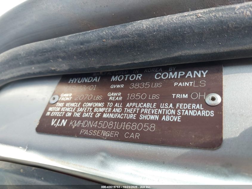 2001 Hyundai Elantra Gls VIN: KMHDN45D81U168058 Lot: 43519753