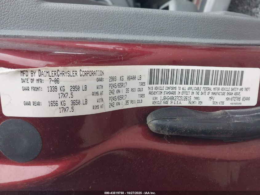 2007 Jeep Commander Sport VIN: 1J8HG48K27C512615 Lot: 43519758