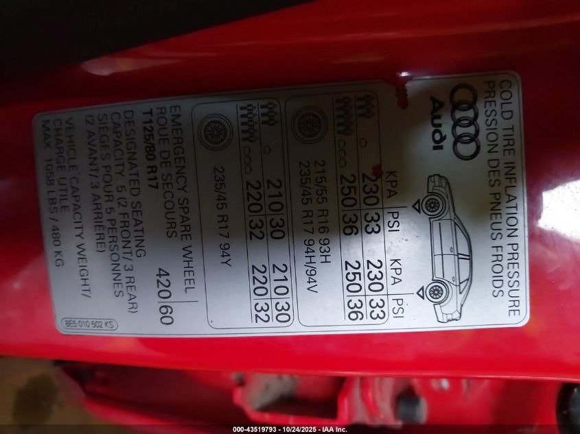 2005 Audi A4 2.0T VIN: WAUDF68EX5A476449 Lot: 43519793