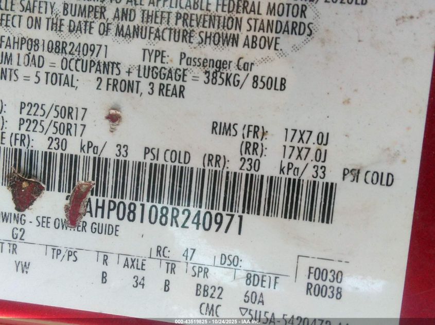 2008 Ford Fusion Sel VIN: 3FAHP08108R240971 Lot: 43519825