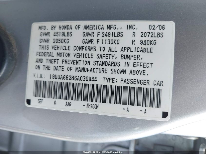 2006 Acura Tl VIN: 19UUA66286A030944 Lot: 43519829
