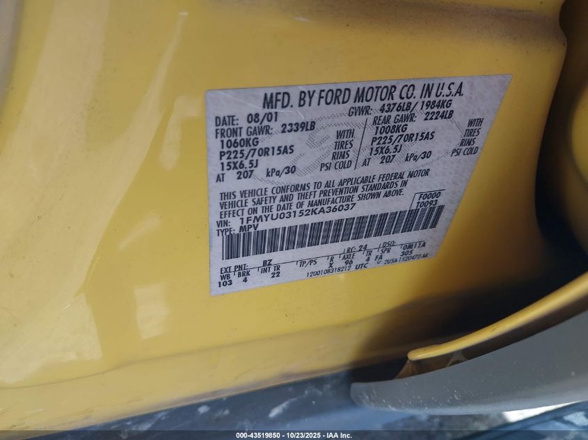 2002 Ford Escape Xlt VIN: 1FMYU03152KA36037 Lot: 43519850