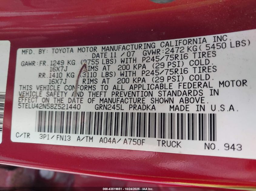2008 Toyota Tacoma Base V6 VIN: 5TELU42N58Z521440 Lot: 43519851