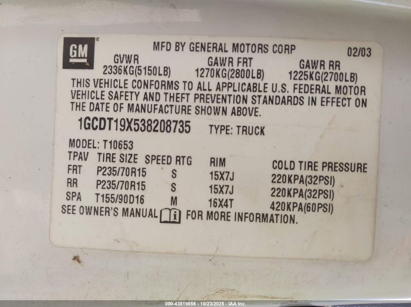 2003 Chevrolet S-10 VIN: 1GCDT19X538208735 Lot: 43519856