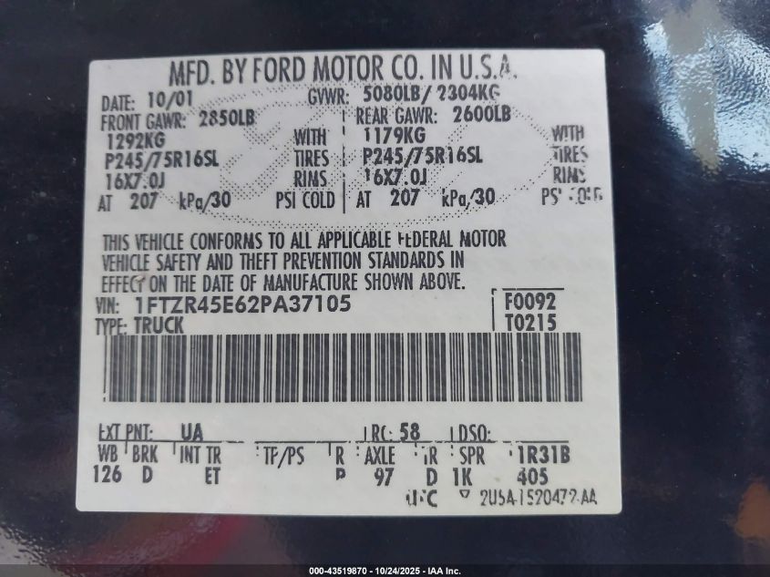 2002 Ford Ranger Edge/Xlt VIN: 1FTZR45E62PA37105 Lot: 43519870