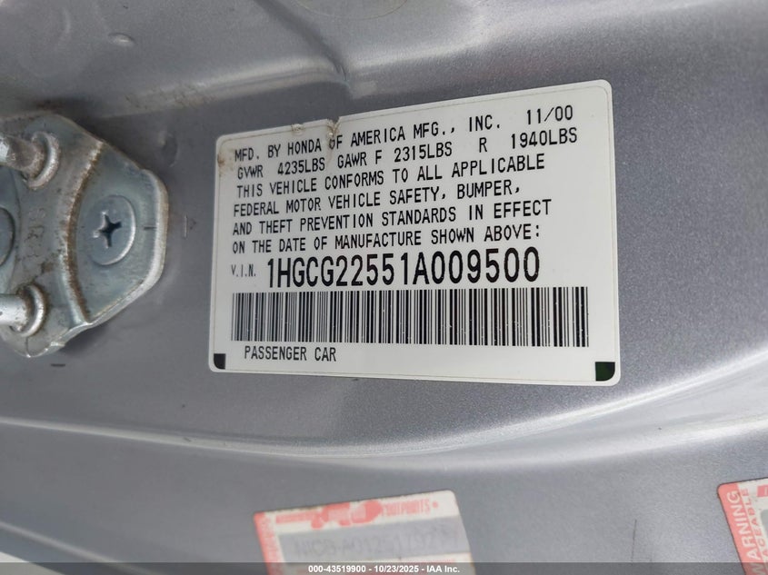 1HGCG22551A009500 2001 HONDA ACCORD photo no. 9