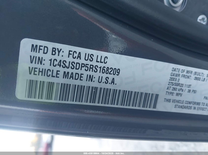 2024 JEEP WAGONEER L 3.0L I-6 DI, DOHC, V(VIN: 1C4SJSDP5RS168209